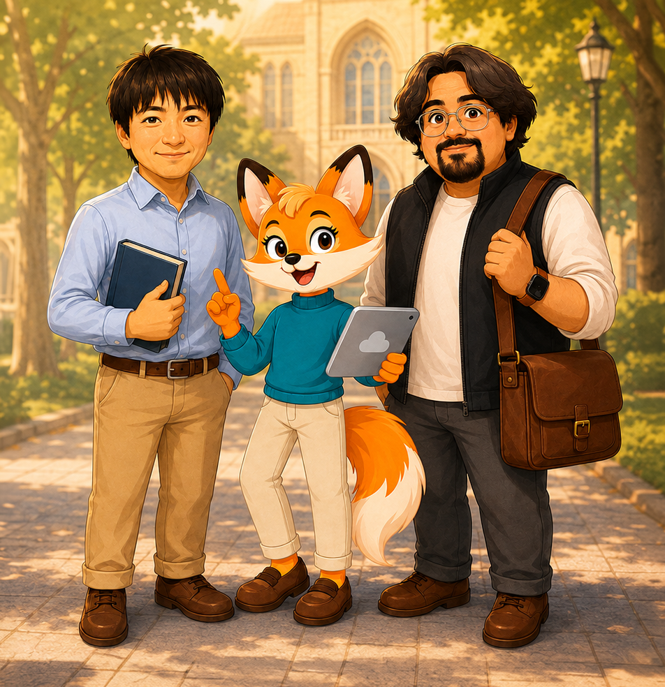 Nobuyuki Watanabe and Rodrigo Santander with a study mascot on a university campus